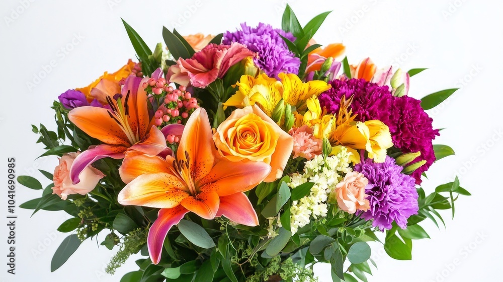 A vibrant bouquet of mixed flowers with roses, lilies, and carnations against a plain white background. A vibrant bouquet of mixed flowers with roses, lilies, and carnations against a plain white background.
