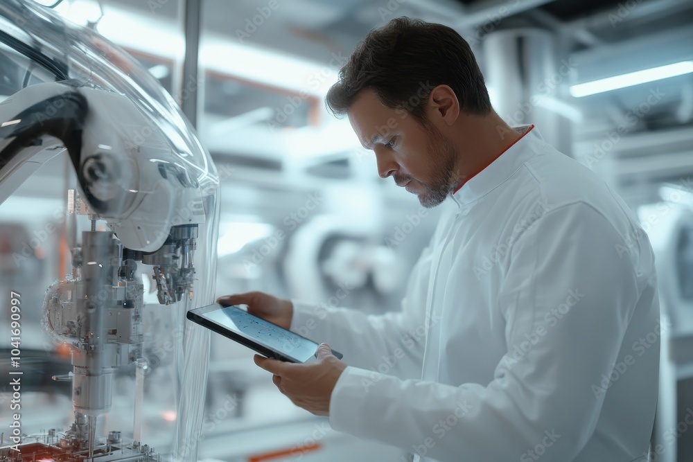A scientist in a lab uses a tablet to supervise robotic machinery, showcasing the intersection of science, technology, and human control over advanced automation. A scientist in a lab uses a tablet to supervise robotic machinery, showcasing the intersection of science, technology, and human control over advanced automation.