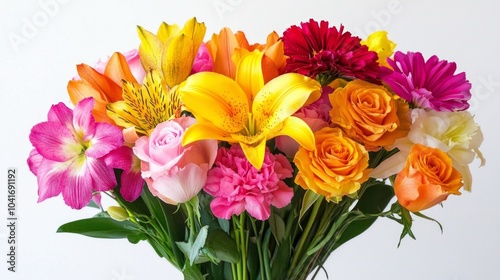 A vibrant bouquet of mixed flowers with roses, lilies, and carnations against a plain white background.