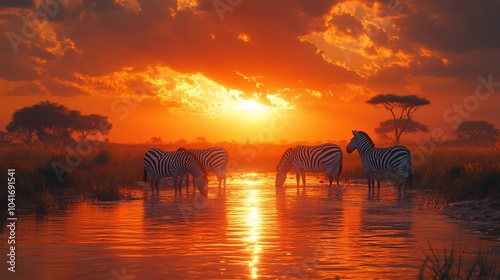 A herd of zebras drink from a watering hole at sunset, their stripes reflecting in the water.