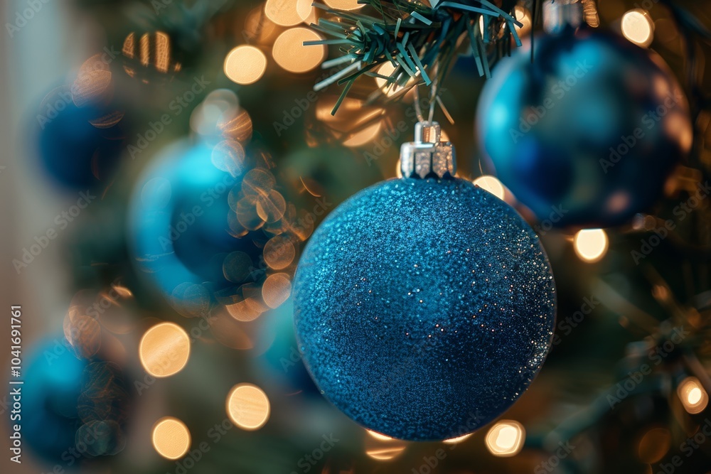 Blue ornament on christmas tree with warm lights Blue ornament on christmas tree with warm lights