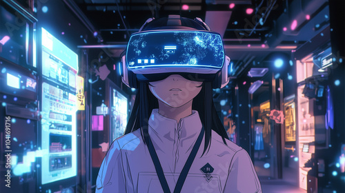 A character wearing a VR headset, interacting with holographic controls, surrounded by a digital environment, Anime style