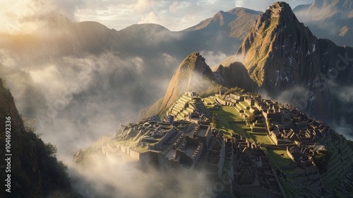 Aerial view of Machu Picchu in Peru, with mist rising from the valleys at sunrise. 