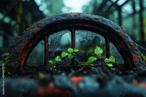 In a captivating scene, nature reclaims an abandoned metal structure with new plant growth, contrasting the decaying industrial and flourishing plant life dynamics. photo