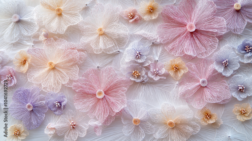 pink and white flowers, flowers background, string art, cherry blossom