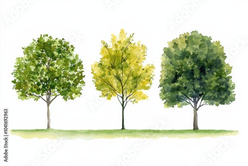 A serene watercolor illustration featuring three distinct trees in varying shades, symbolizing the beauty of nature across different seasons.