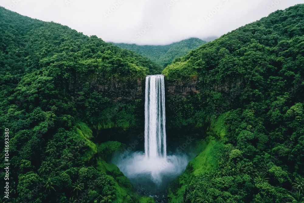 Breathtaking aerial view of a waterfall cascading down rocky cliffs, surrounded by lush green foliage and serene natural beauty. Breathtaking aerial view of a waterfall cascading down rocky cliffs, surrounded by lush green foliage and serene natural beauty.