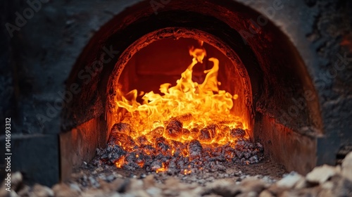 Flames and glowing embers in a furnace, showcasing intense heat and energy.