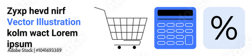 Shopping cart, blue calculator, and percentage symbol. Ideal for online shopping, e-commerce platforms, financial calculations, discount applications, and budgeting tools. Landing page