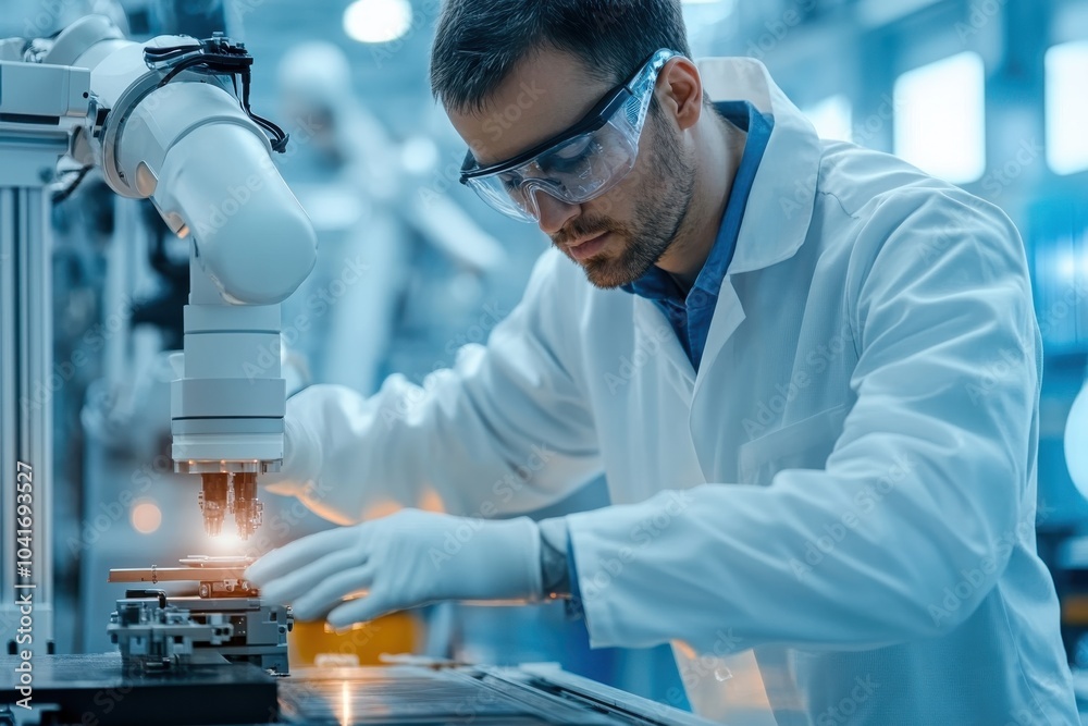 Fototapeta premium A focused engineer in protective eyewear precisely operates a robotic arm under advanced lighting, showcasing innovation in a modern laboratory setting.