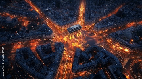 Aerial view of Paris from above the Arc de Triomphe, with streets fanning out at twilight.