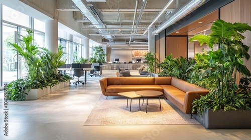 Modern Office Lounge with Greenery and Natural Light