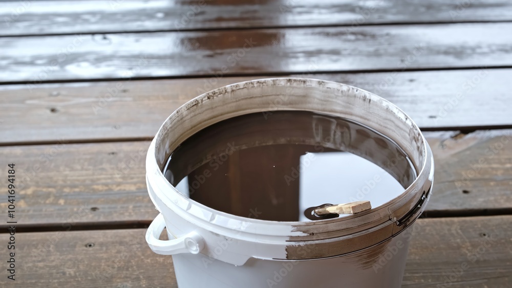 Close-up of bucket full of brown paint. An painted or oiling wooden floor. Drying oil. Painting work. Impregnating boards. Varnish finish coating. Manual work. Nobody. Side view. Glossy finish Close-up of bucket full of brown paint. An painted or oiling wooden floor. Drying oil. Painting work. Impregnating boards. Varnish finish coating. Manual work. Nobody. Side view. Glossy finish