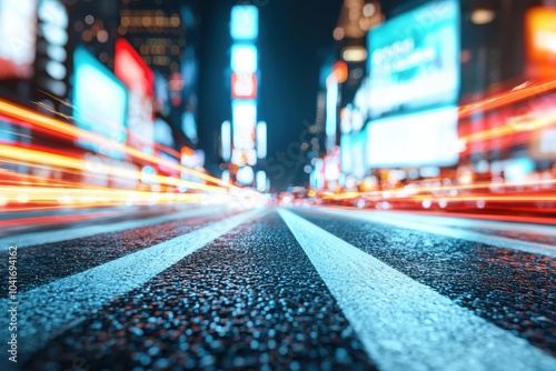 Vibrant city street at night, showcasing dynamic light trails and colorful billboards reflecting energy and excitement of urban life.