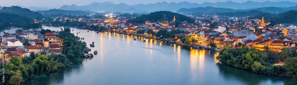 Obraz premium Stunning panoramic view of a vibrant riverside city at twilight, showcasing illuminated buildings and lush greenery along the serene waterway.
