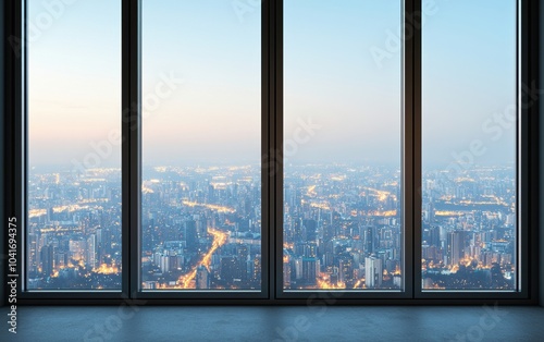 A stunning city skyline viewed through large windows at dusk, showcasing twinkling lights and vibrant urban life.