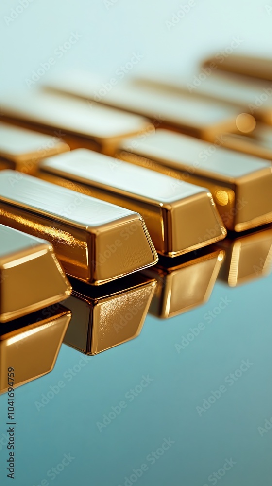 Close Up of Stacked Gold Bars on Blue Background Close Up of Stacked Gold Bars on Blue Background