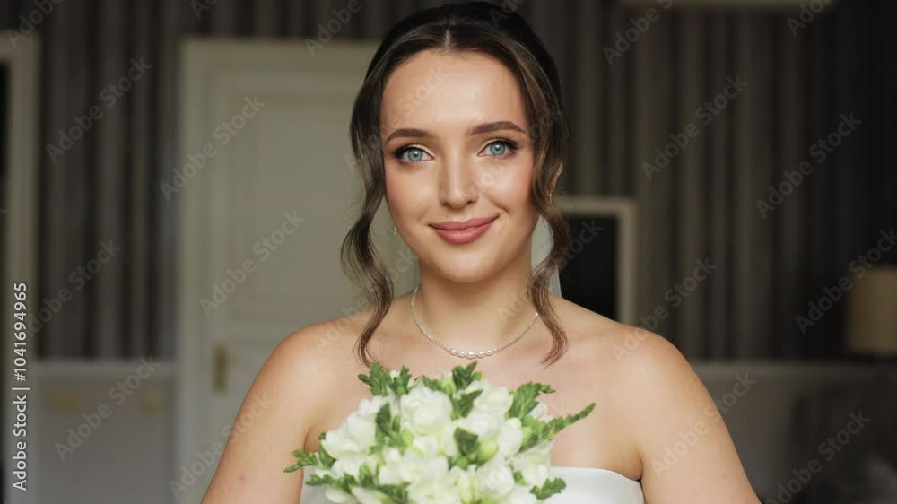 A beautiful young bride holds a bouquet of white flowers, standing indoors in an elegant room. Her serene expression and soft smile radiate joy and confidence.