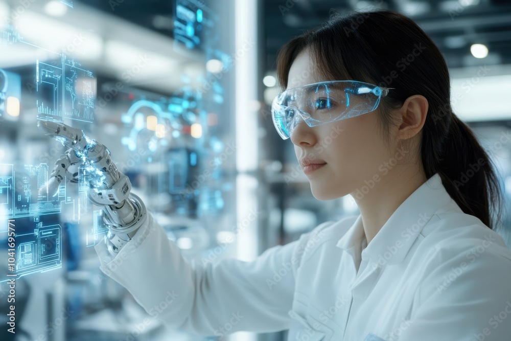 A researcher equipped with high-tech goggles and a robotic hand interacts with an impressive holographic data display, demonstrating advances in science and technology. A researcher equipped with high-tech goggles and a robotic hand interacts with an impressive holographic data display, demonstrating advances in science and technology.