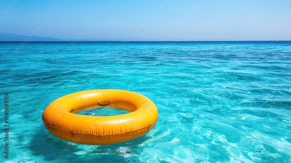 A vibrant yellow float rests on serene turquoise waters under a clear blue sky, perfect for summer relaxation and beach adventures. A vibrant yellow float rests on serene turquoise waters under a clear blue sky, perfect for summer relaxation and beach adventures.