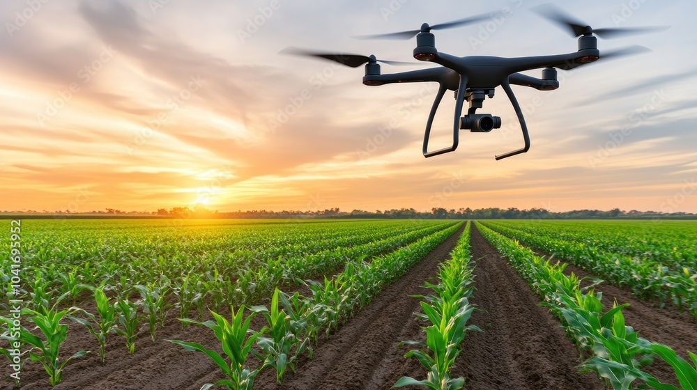 A drone flies above lush corn fields during sunset, showcasing advanced technology in agriculture and capturing stunning natural colors A drone flies above lush corn fields during sunset, showcasing advanced technology in agriculture and capturing stunning natural colors