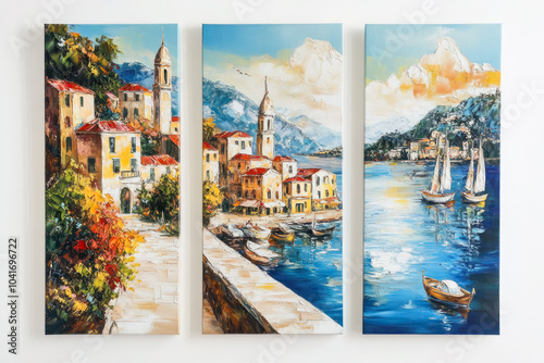 Oil paintings artwork, summer triptych, Mediterranean old town cityscape