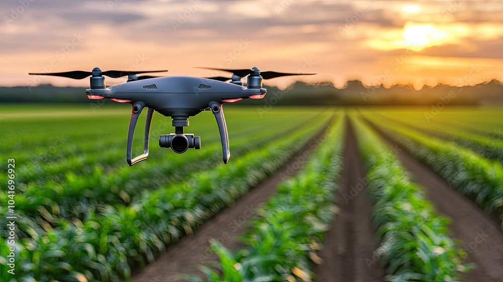 A drone flies above lush corn fields during sunset, showcasing advanced technology in agriculture and capturing stunning natural colors A drone flies above lush corn fields during sunset, showcasing advanced technology in agriculture and capturing stunning natural colors