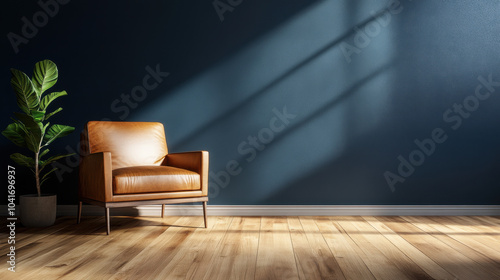 Chic leather chair next to a bright plant on a deep blue wall in elegant decor