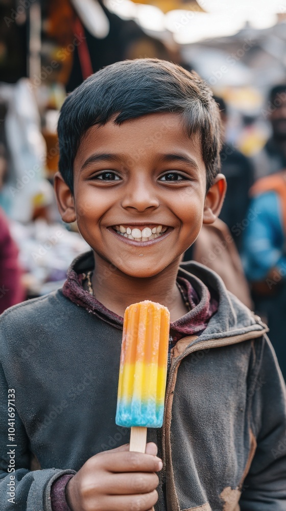 Fröhliches Kind mit buntem Kulfi auf einem lebhaften Marktplatz Fröhliches Kind mit buntem Kulfi auf einem lebhaften Marktplatz