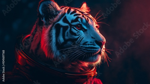 A white tiger wearing an astronaut helmet looks to the side with red and blue light reflecting on its fur. photo