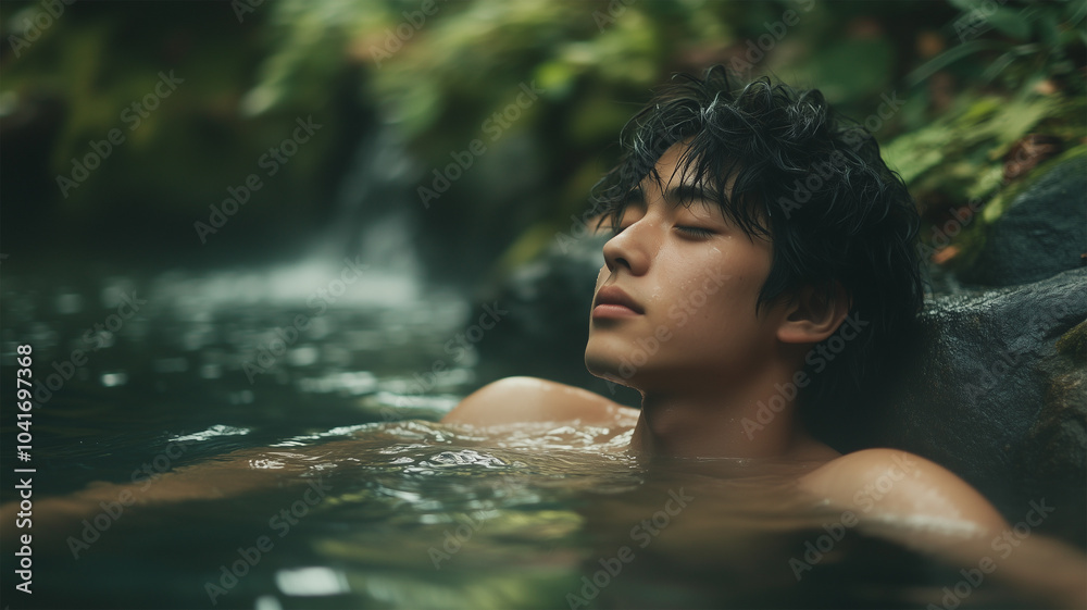 Fototapeta premium 森林に囲まれた温泉に浸かる男性