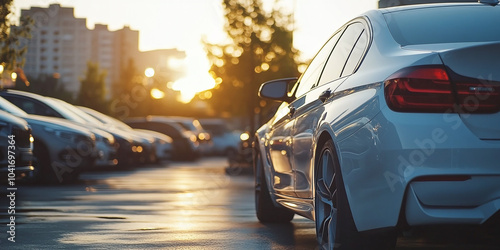 A sleek car is parked in an outdoor lot at sunset, with golden light reflecting off its polished surface. Other vehicles are visible in the distance under the soft evening glow