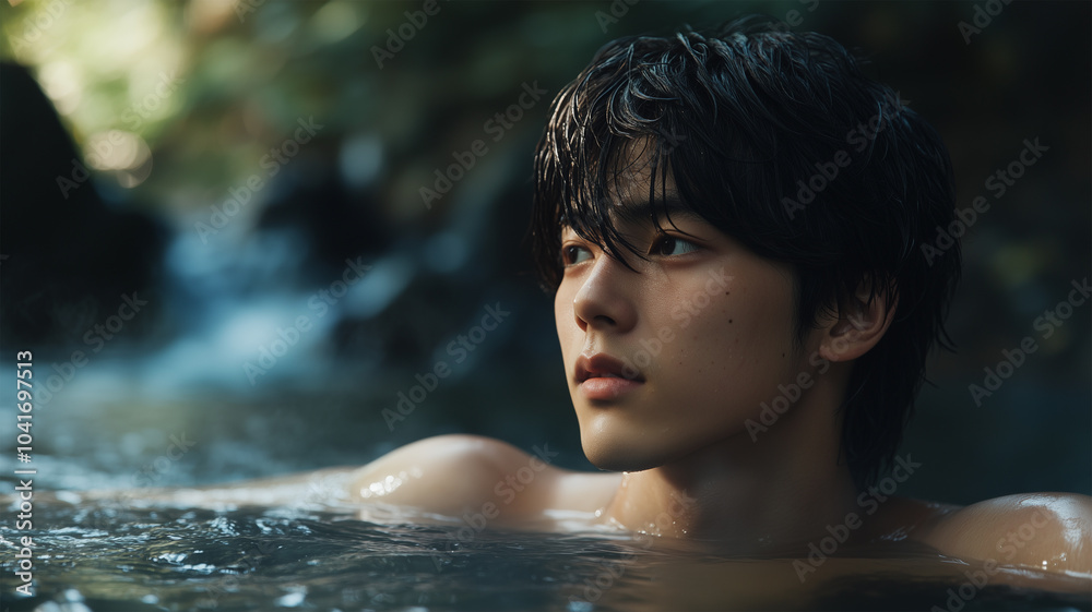 Fototapeta premium 森林に囲まれた温泉に浸かる男性