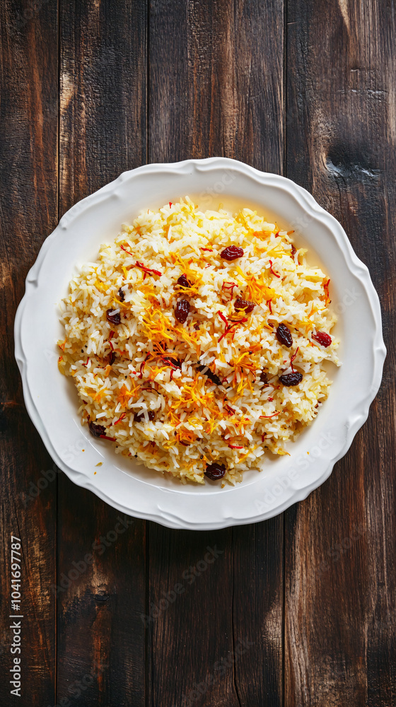 Overhead shot of saffron rice with raisins served on a white plate on a dark wooden table Overhead shot of saffron rice with raisins served on a white plate on a dark wooden table