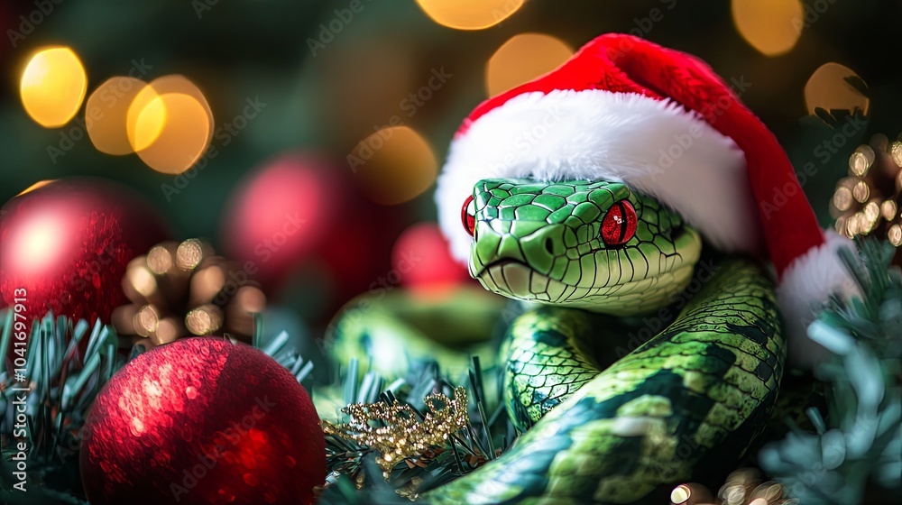 Obraz premium Green Snake Wearing Santa Hat on Christmas Tree