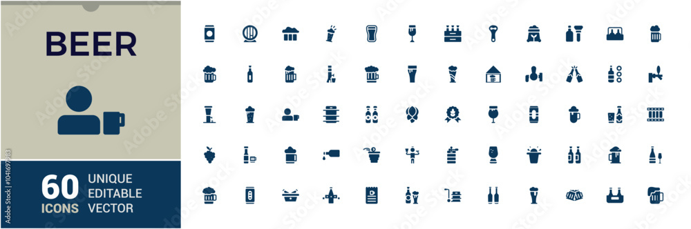 Beer solid icons set. Containing craft beer, beer glass, pint, beer tap ...