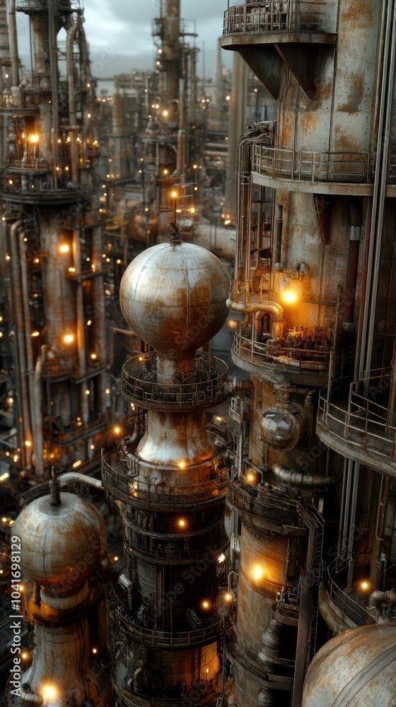 Industrielle Ölraffinerie in der Abenddämmerung - Luftaufnahme für die Energie- und Fertigungsindustrie Industrielle Ölraffinerie in der Abenddämmerung - Luftaufnahme für die Energie- und Fertigungsindustrie