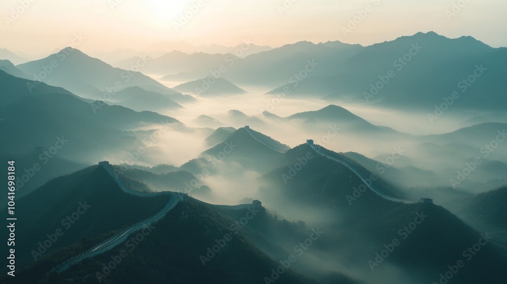 Aerial view of the Great Wall of China winding through misty mountains at sunrise. Aerial view of the Great Wall of China winding through misty mountains at sunrise.