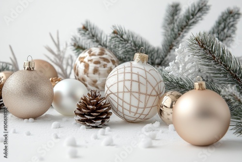 Christmas composition with balls and decorations on white background with generative ai