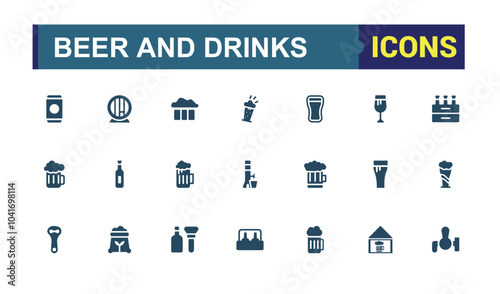 Beer and drinks solid style icons collection. Related to pint, brewery, keg, tap, foam, hops, beer glass, pub, bottle. Editable filled icon set. Pixel perfect.