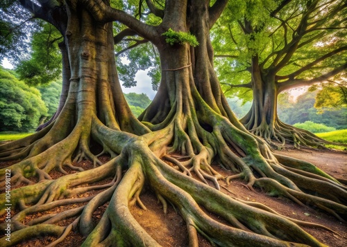 Beneath Ancient Trunks, Twisted Roots Stretch Out Like Nature’s Fingers in a Lush Forest Setting