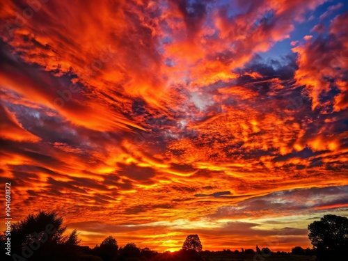 Breathtaking Sunset with Fiery Hues Deepening into a Rich Crimson Over a Serene Landscape Scene