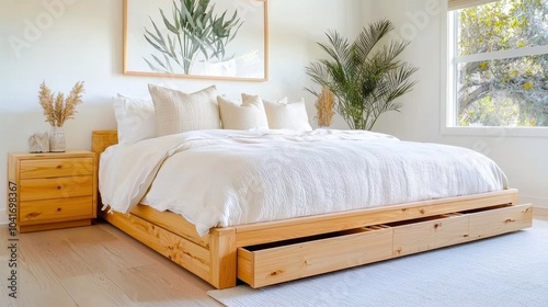 Minimalist Walnut Bed Frame with Built-in Drawers