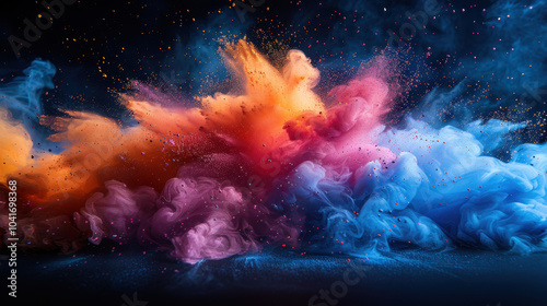 Colorful powder explosion on a black background, colorful holi paint splash in the air.