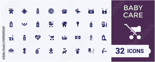 Set of solid baby care icons collection. Related to child care, family, education, health, childhood, parenting. Minimal icon set. Editable vector illustration.