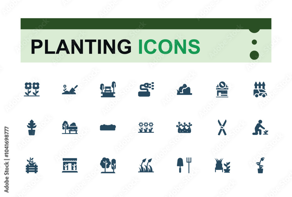 Obraz premium Set of solid garden care icons. Related to shovel, flower, seeds, soil, garden tools, pruning. Filled symbol collection. Editable and pixel perfect sign pack.