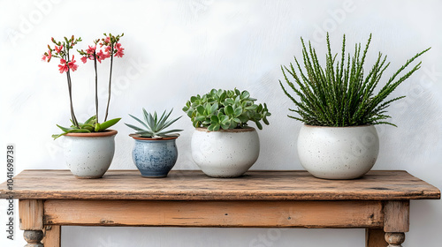 Succulents and Flowers in Rustic Pots on a Wooden Table