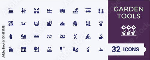 Garden tools filled icons collection. Related to plant, flower, seeds, soil, garden tools, pruning. Minimal solid icon set. Editable and pixel perfect vector illustration.