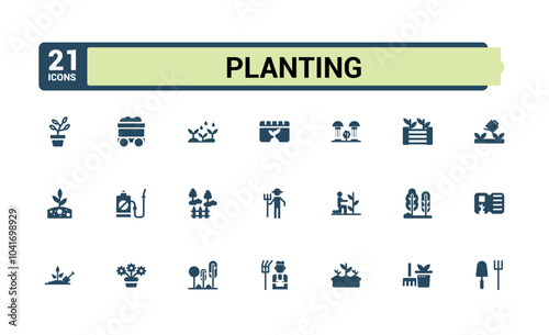 Set of solid garden care icons. Related to shovel, flower, seeds, soil, garden tools, pruning. Filled symbol collection. Editable and pixel perfect sign pack.