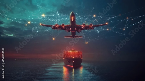 Cargo aircraft and Container ship at sea with digital network links, digital trade network connection concept, global shipping industry, Beautiful Network 